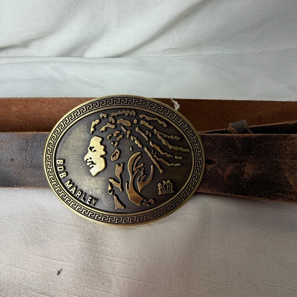 Vintage Bob Marley Medallion Buckle Brown Leather Belt – Reggae Statement Style